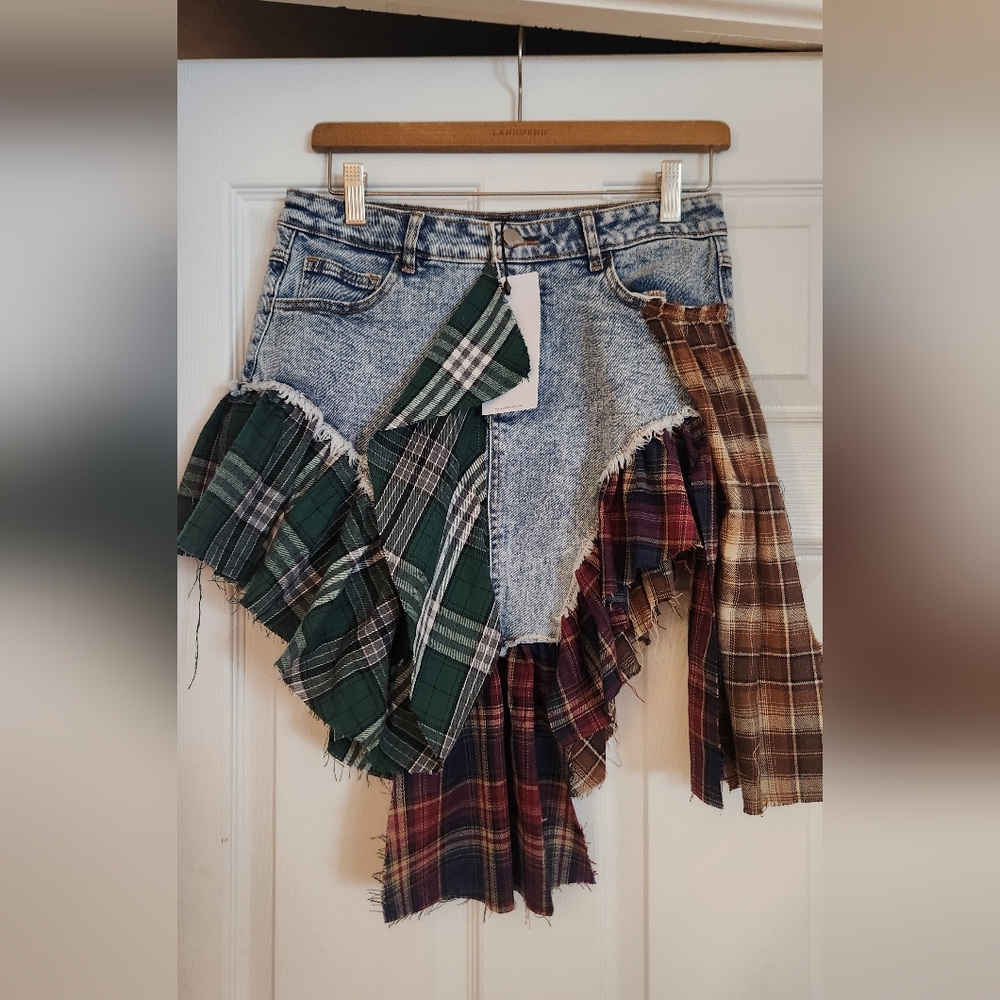 AKIRA Denim Skirt with Plaid Accents